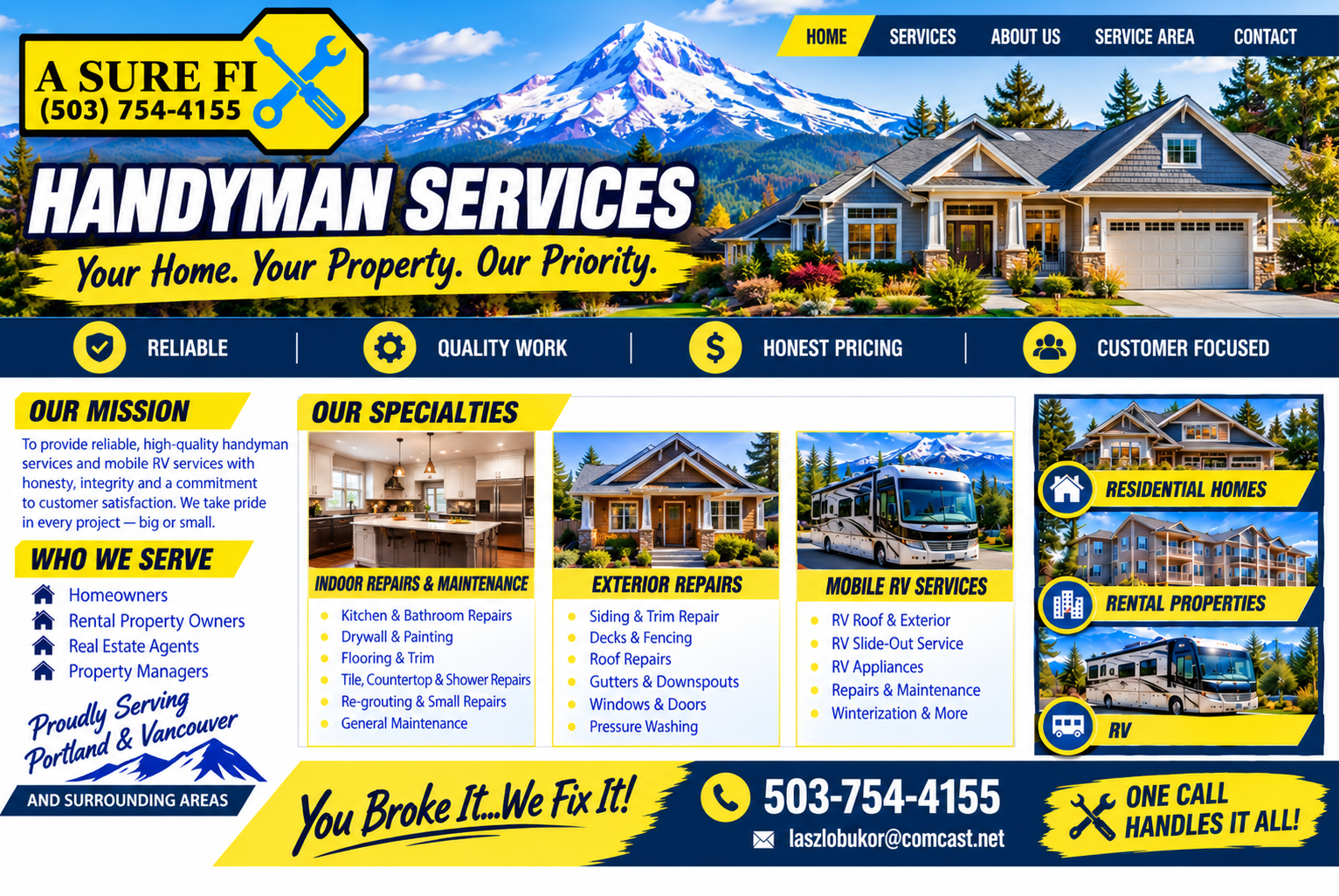 A Sure Fix LLC approved homepage: Mount Hood and house, handyman services, our mission, indoor repairs, exterior repairs, mobile RV services, residential homes, rental properties, and contact details.